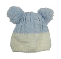 Bielo-modrá pletená podšitá čapica s bambulemi