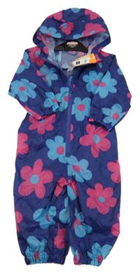 Nové - tmavomodro-růžovo-modrá květovaná šusťáková kombinéza s kapucí dunnes