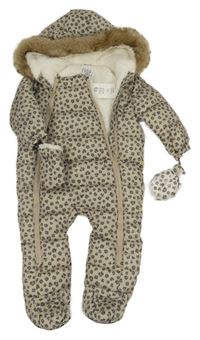 Nové - béžová šušťáková zimná leopardí kombinéza s kapucí + rukavice F&F