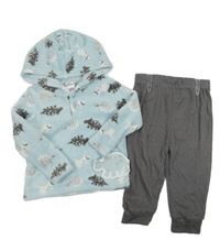 Nové - 2 set - světlemodrá plyšová mikina s dinosaury a kapucí + tmavošedé tepláky 