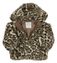 Béžovo-hnedá leopardí kožušinová podšitá bunda s kapucňou Primark