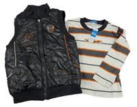 Nové - 2set - Bílo-antracitovo-oranžové pruhované triko s nápisem + Antracitová šusťáková zateplená vesta 