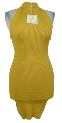 Nové - Dámské okrové žebrované pletené minišaty MissGuided