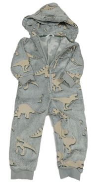 Bílo-zelená melírovaná chlupatá kombinéza s dinosaury a kapucí M&S