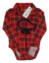 Nové - 2set - Červeno-tmavomodré kostkované košilové body + připínací motýlek F&F