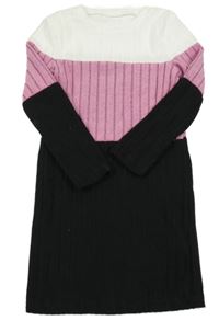 Bielo-ružovo-čierne rebrované úpletové šaty Shein