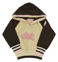 Světlebéžovo-hnedý sveter s nápisom a kapucňou a teplákovymi rukávy Impidimpi