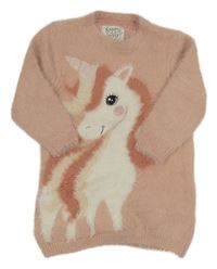 Svetloružové pleteno/chlupaté šaty s jednorožcom C&A