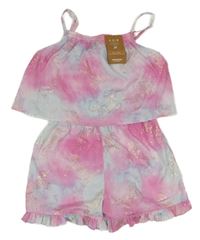 Nové - Růžovo-světlemodrý kraťasový overal s hvězdami Monsoon