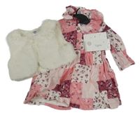 Nové - 2set - Růžové kostkované šaty s kytičkami + kožešinová vesta F&F
