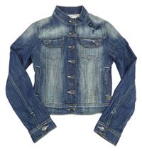 Tmavomodrá rifľová crop bunda s kvietkami Tom Tailor