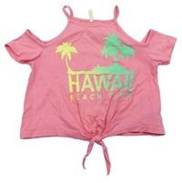 Ružové crop tričko s volnými rameny a palmami Yd.