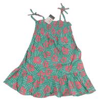 Světlemodro-zeleno-ružové kvetované žabičkové plátenné šaty Primark