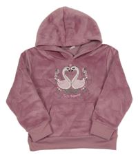 Ružová plyšová mikina s labuťami  a kapucňou