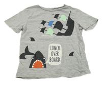 Šedé melírované tričko se žralokem 