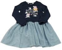 Tmavomodro-světlemodré teplákovo/tylové šaty s Peppa Pig