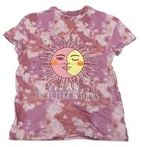 Svetloružová -ružovo-starorůžovo-skořicové batikované melírované tričko so sluncem Tu