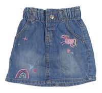Modrá paper bag rifľová sukňa s jednorožcom a dúhou Denim Co.