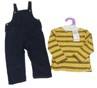 Nový - 2Set - Tmavomodré menšestrové na traké kalhoty + hořčicovo/tmavomodré pruhované melírované tričko PRIMARK