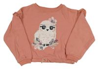 Korálová oversize crop mikina so sovičkou a volánikmi s madeirou dopodopo
