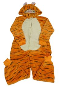 Kostým - Oranžovo-tmavošedo-smetanová plyšová kombinéza s kapucí  - Tygr