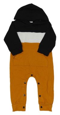 Medovo-bielo-čierna tepláková kombinéza s vreckom a kapucňou