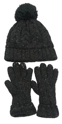 2Set - Tmavosivá melírovaná čapica s bambulí + rukavice zn. Next