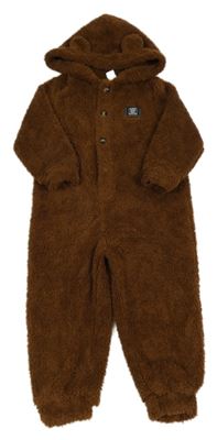 Hnědá huňatá kombinéza s nášivkou a kapucí s oušky SHEIN