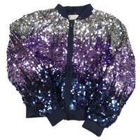Tmavomodro-fialovo-stříbrný tylový flitrový jarní crop bomber H&M