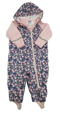 Tmavomodro-svetloružová nepromokavá kombinéza s kvietkami a kapucňou lupilu