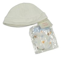 Nové - 2Set - Smetanová žebrovaná čepice + bílo/světlemodré rukavice s hviezdičkami