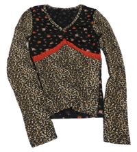 Čierno-béžovo-hnedé vzorované tričko s růžemi a čipkou