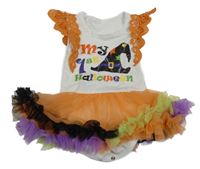 Bílo-oranžové body s nápisy a kloboukem a tylovou sukní a krajkovými volánky