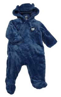 Tmavomodrá plyšová zateplená kombinéza s medvedíkom a kapucňou s uškami C&A