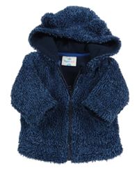 Tmavomodro-modrá melírovaná chlupatá podšitá bunda s kapucí s oušky Topomini