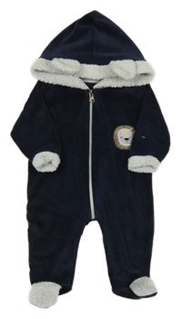 Tmavomodro-biela plyšovo/huňatá kombinéza so s levíkom  a kapucňou s uškami Carino Bello