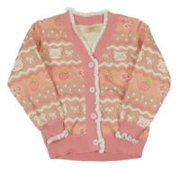 Starorůžovo-ružový prepínaci sveter s medvedíkmi a jahůdkami a mašličkami a volánikmi