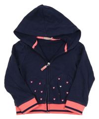 Tmavomodro-křiklavě korálová propínací mikina se srdíčky a kapucí Billieblush