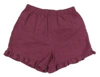 Vínové kraťasy s výšivkou a madeirou a volánky Tu