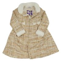 Nové - hnedo-smetanovo-starorůžovo-zlatý kabát s mašľami a flitrami a volánikom a kožešinou BLUE BERi