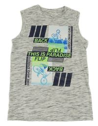 Sivo-bielo-čierne melírované tielko s bicyklami a nápismi YIGGA