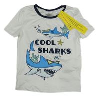 Nové - bielo-tmavomodré tričko so žralokmi a nápismi SHEIN