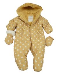 Hořčicová květovaná šusťáková zimní kombinéza s kapucí s kožešinou + rukavice Mothercare