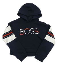 Tmavomodro-bílá crop mikina s nápisem a kapucí Hugo Boss