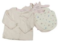 Nové - 3set - Světlerůžovo-bílá pruhovaná podšitá propínací mikina s kapucí + pruhovaný slinták + bílý květovaný slinták M&S