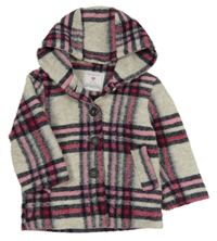 Sivo-čierno-ružová kockovaná vlnená zateplená bunda s kapucňou Primark