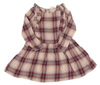 Růžovo-vínovo-tmavozelené kostkované šaty s volánky H&M