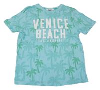 Svetlomodré tričko s palmami a nápisom H&M