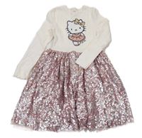 Smetanovo-růžovo-stříbrné žebrovano/flitrové šaty s Hello Kitty C&A