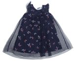 Tmavomodré třpytivé tylové šaty s motýlky a volánky H&M